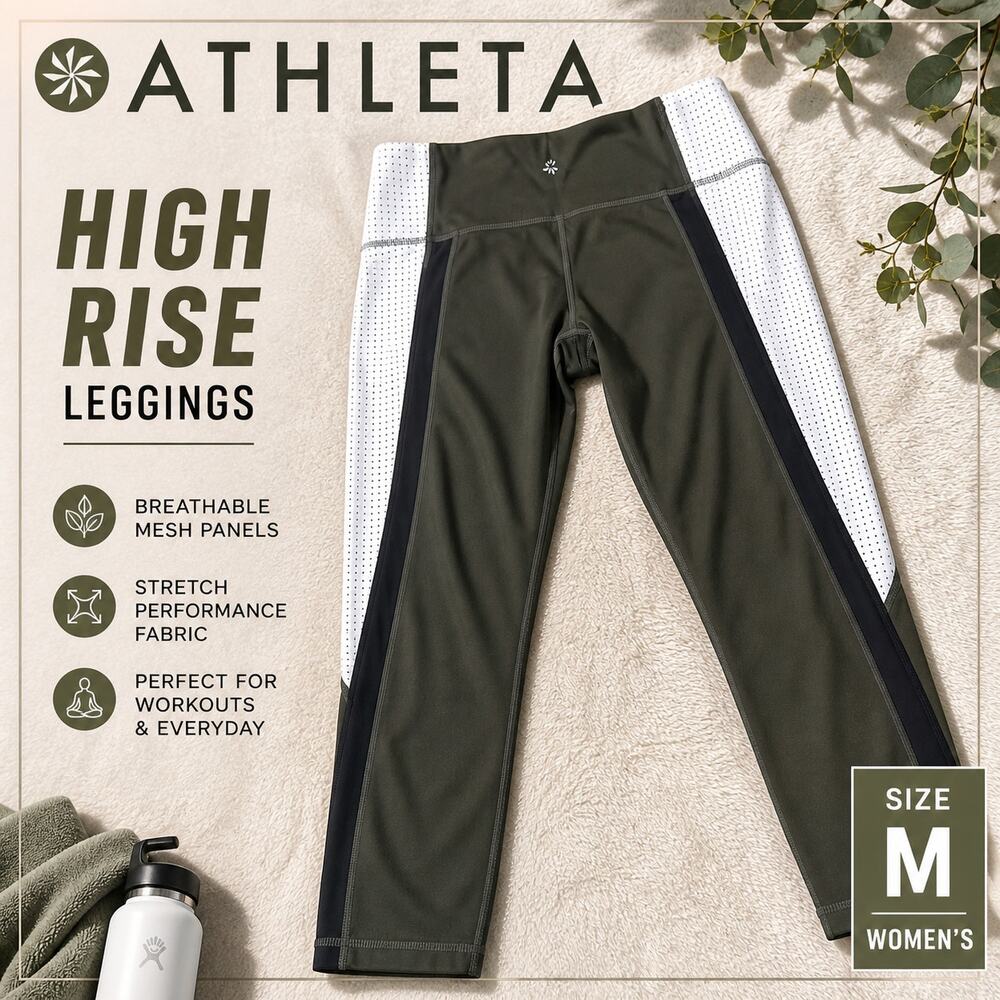 Athleta Olive Green High Rise Leggings Colorblock Mesh Panels Size M